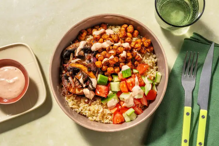 Bulgur met harissa-portobello